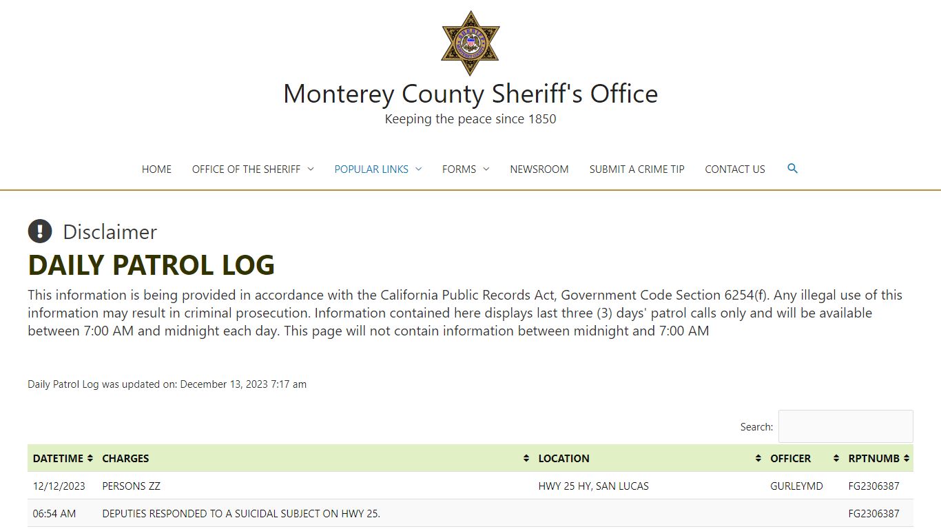DAILY PATROL LOG – Monterey County Sheriff's Office